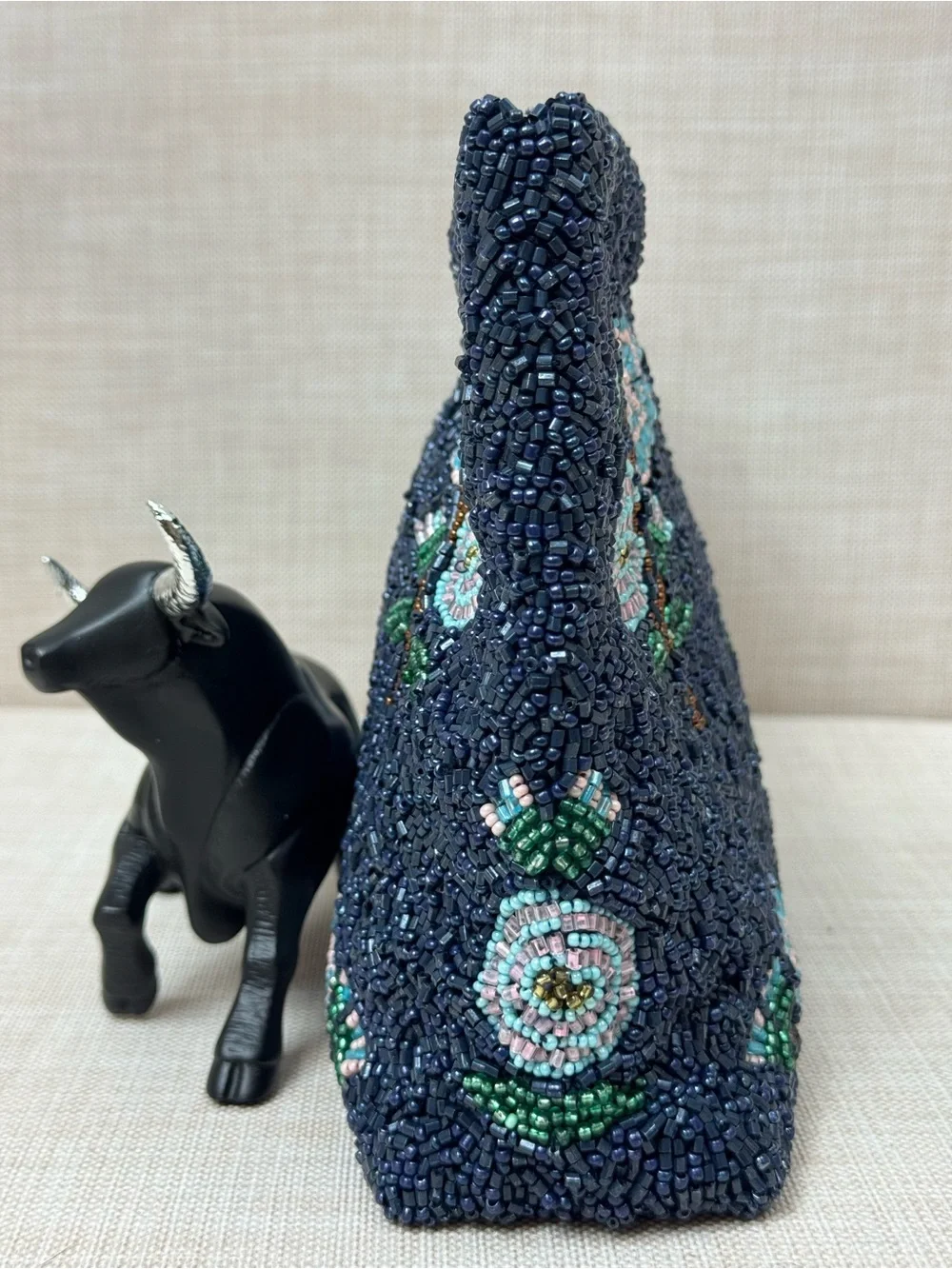 Embroidered Navy Beaded Floral Wristlet Clutch